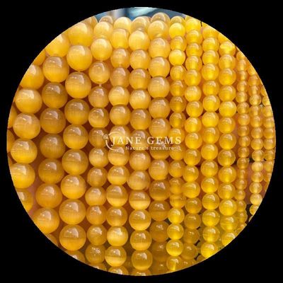 গোল্ড অলিভ ব্লু রঙের রত্ন মণির বৃত্তাকার আকৃতির বিড়ালের চোখ হস্তনির্মিত গয়না জন্য আলগা মণির স্ট্র্যান্ড