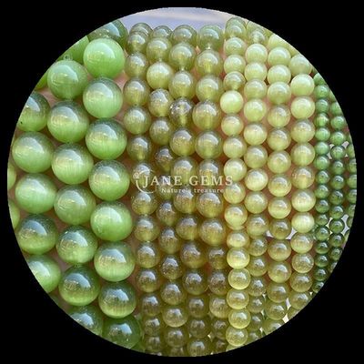 গোল্ড অলিভ ব্লু রঙের রত্ন মণির বৃত্তাকার আকৃতির বিড়ালের চোখ হস্তনির্মিত গয়না জন্য আলগা মণির স্ট্র্যান্ড